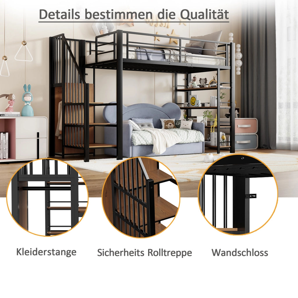 Letto a castello nero in metallo con scala di sicurezza spazio di stoccaggio e piccolo armadio 90x200cm