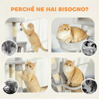 Albero Tiragraffi per Gatti 48x48x192 cm con Amache e Casette in Sisal e Peluche Grigio e Crema