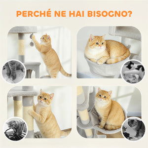 Albero Tiragraffi per Gatti 48x48x192 cm con Amache e Casette in Sisal e Peluche Grigio e Crema