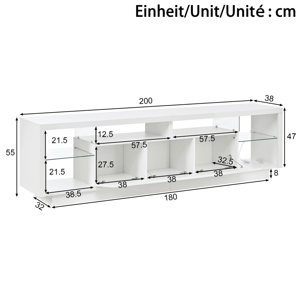 Mobile TV 200x38x55 cm con ante lucide; LED multicolore da app; in truciolare bianco