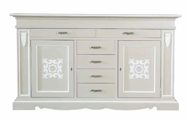 Credenza legno 2 porte 6 cassetti legno shabby tortora profilo bianco 213x55x123 (1234) - Mobili 2G