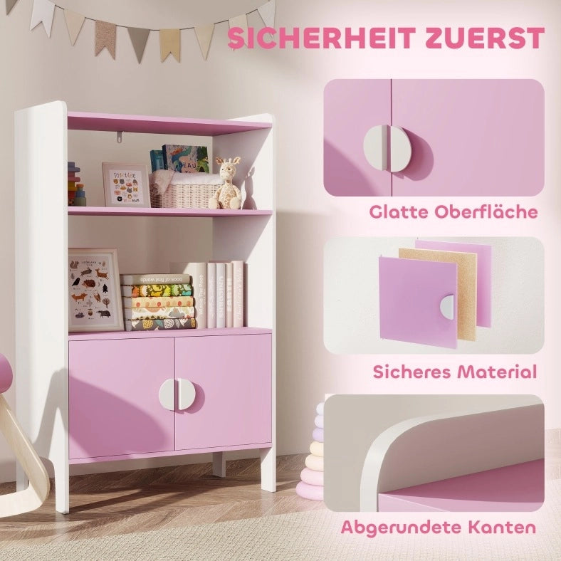 Libreria per bambini rosa con vani aperti e armadietti, 60 x 35 x 100 cm
