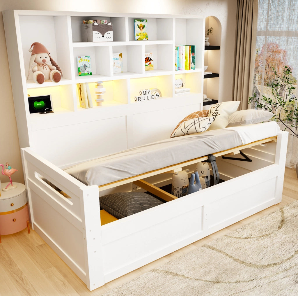 Letto singolo multifunzione ULEVR 90x200 cm con vano idraulico, LED e prese, MDF bianco