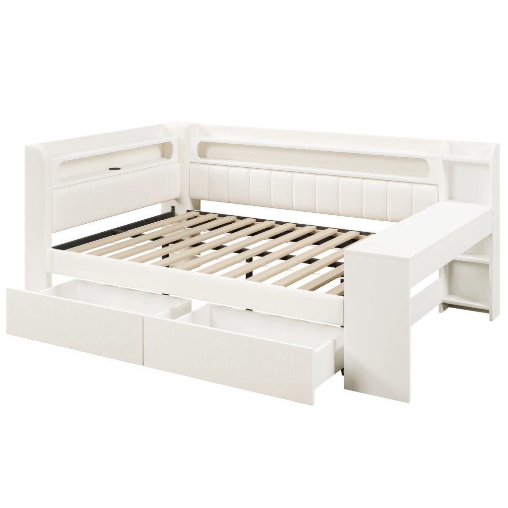 Letto a Divanetto 140x200 cm con USB; LED; Scrivania e 2 Cassetti; Bianco