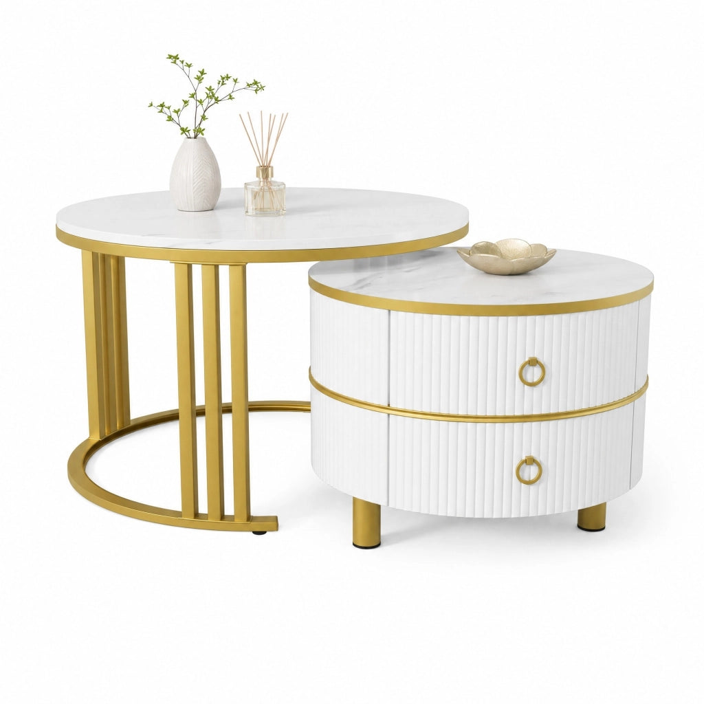 Set di tavolini da caffè rotondi 2 pezzi 70/46 e 50/40 cm in MDF bianco con effetto marmo