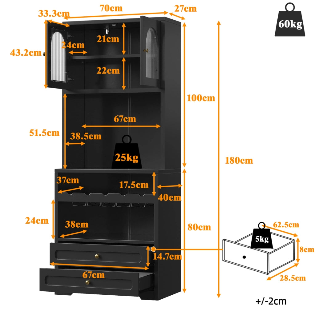 Mobile alto da cucina nero con LED smart, portabottiglie e USB