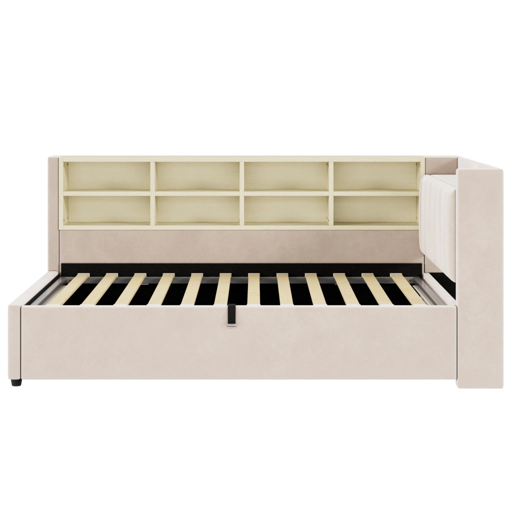 Letto singolo 90×200 cm con contenitore idraulico; luce notturna; USB; Type-C e ripiani; senza materasso; velluto beige