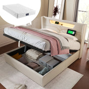 OKWISH Letto Contenitore Letto Matrimoniale, USB, Tipo C e LED, 160 x 200 cm, con Materasso, Lino, Beige