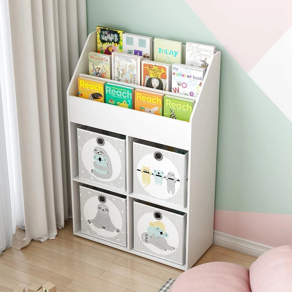 Libreria bambini Conny, Bianco, 72 x 111 cm con 4 ripiani per scatole pieghevoli, adatto per riporre giocattoli e libri