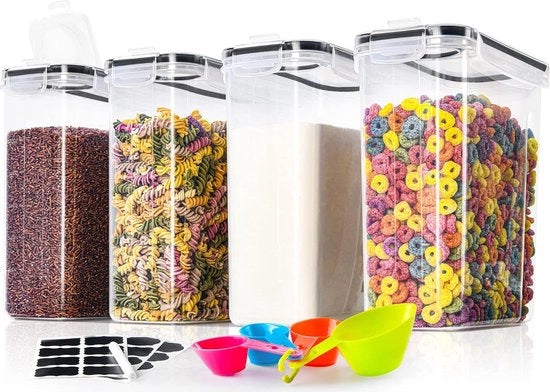 Set di Scatole di Stoccaggio da 4 - Contenitori di Plastica Aereostatici per Cucina con Coperchio per Pasta, Muesli, Riso, Farina e Cibo per Animali