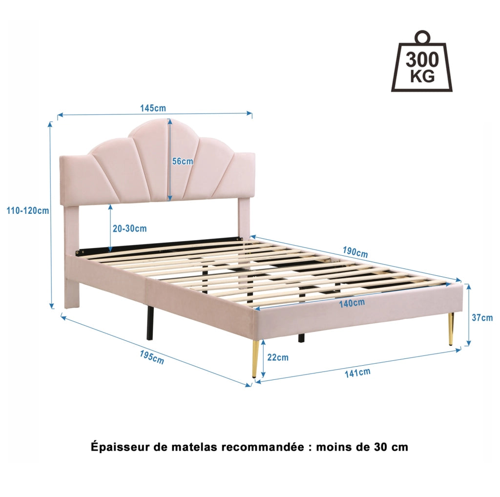 Letto imbottito 140x190 cm; testiera a conchiglia; velluto rosa (Senza materasso)