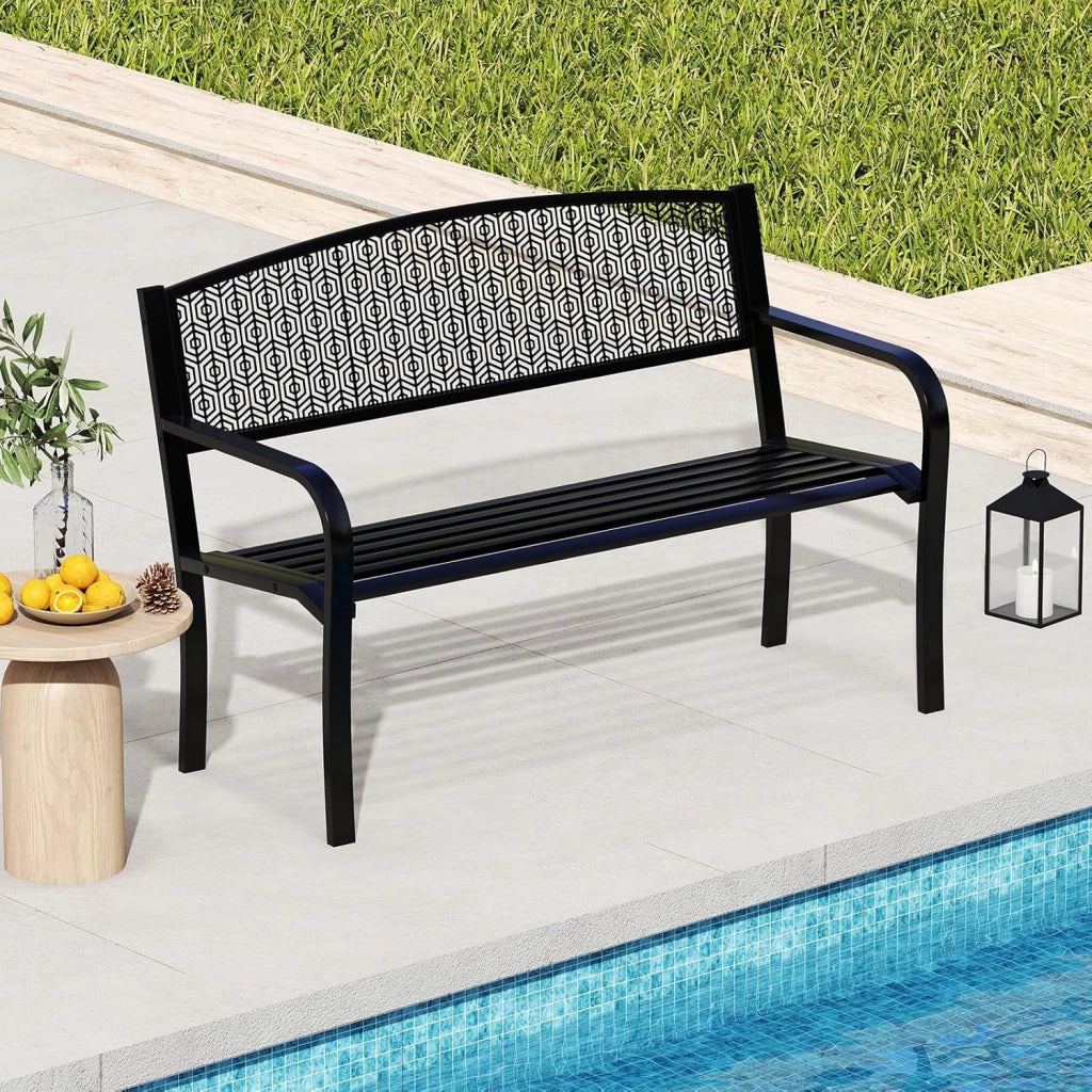 Panca da Esterno 2-3 Posti 128 cm, Panca in Metallo con Braccioli Curvi e Schienale alla Moda, Panchina Moderna in Metallo per Parco, Cortile e Giardino (Nero, 128 x 60 x 86.5 cm)