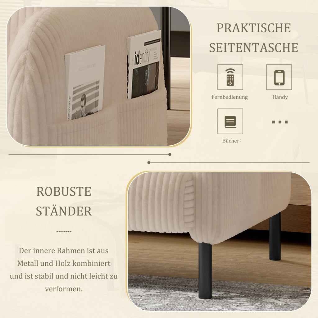 Divano Lineare 2 Posti con Tasca Laterale Schienale Alto Ergonomico Piedini in Metallo in Velluto a Coste Beige