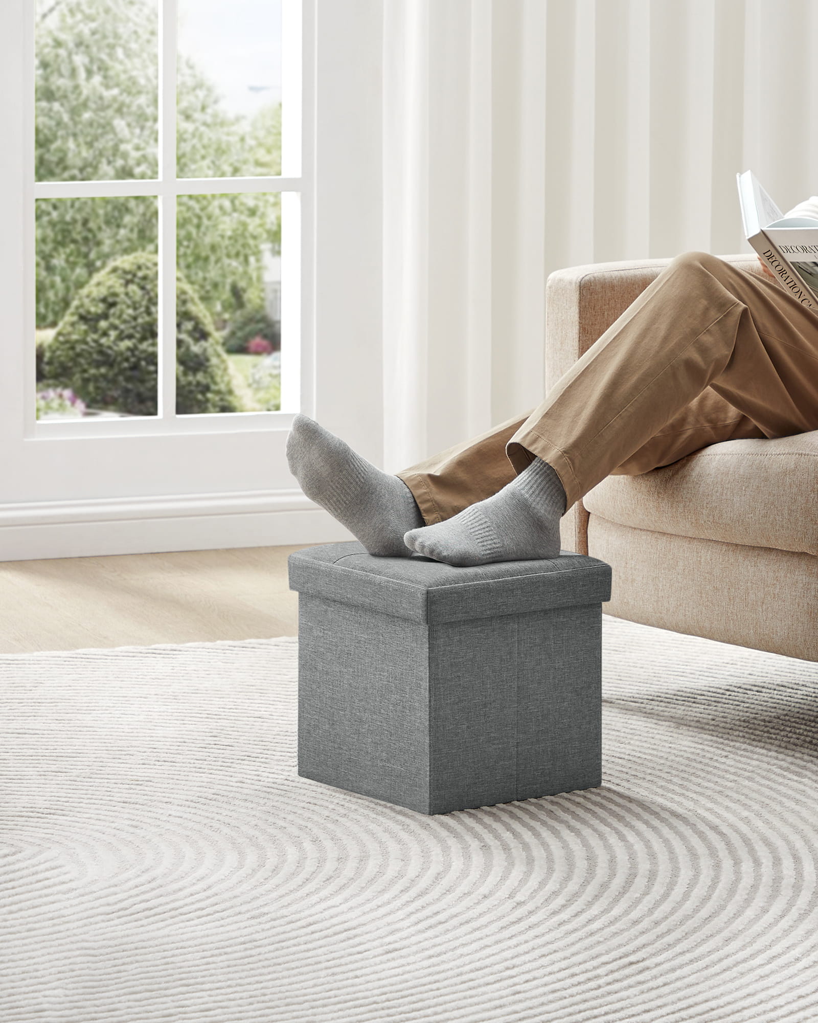 Pouf contenitore Valora PUFA in MDF grigio chiaro, tessuto effetto lino LSF028G02