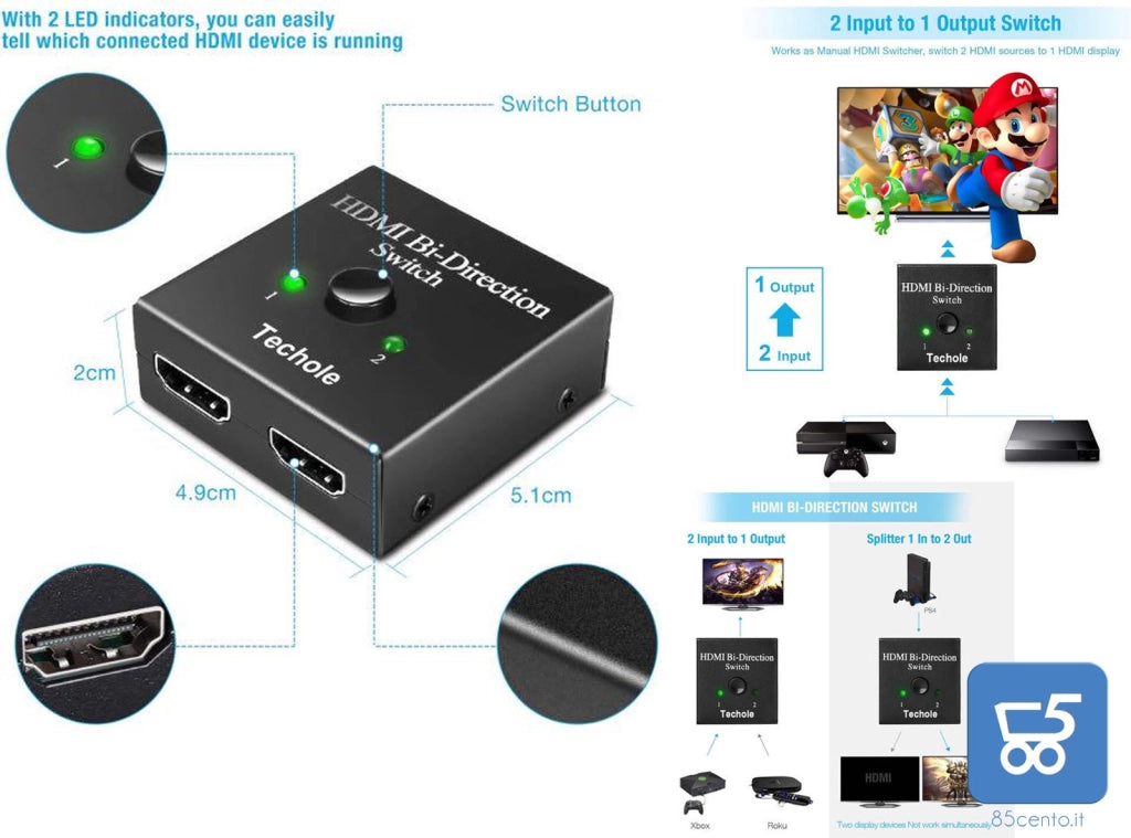 Switcher HDMI bidirezionale Techole 1 Ingresso HDMI femmina 2 Uscita HDMI femmina display singolo HS303