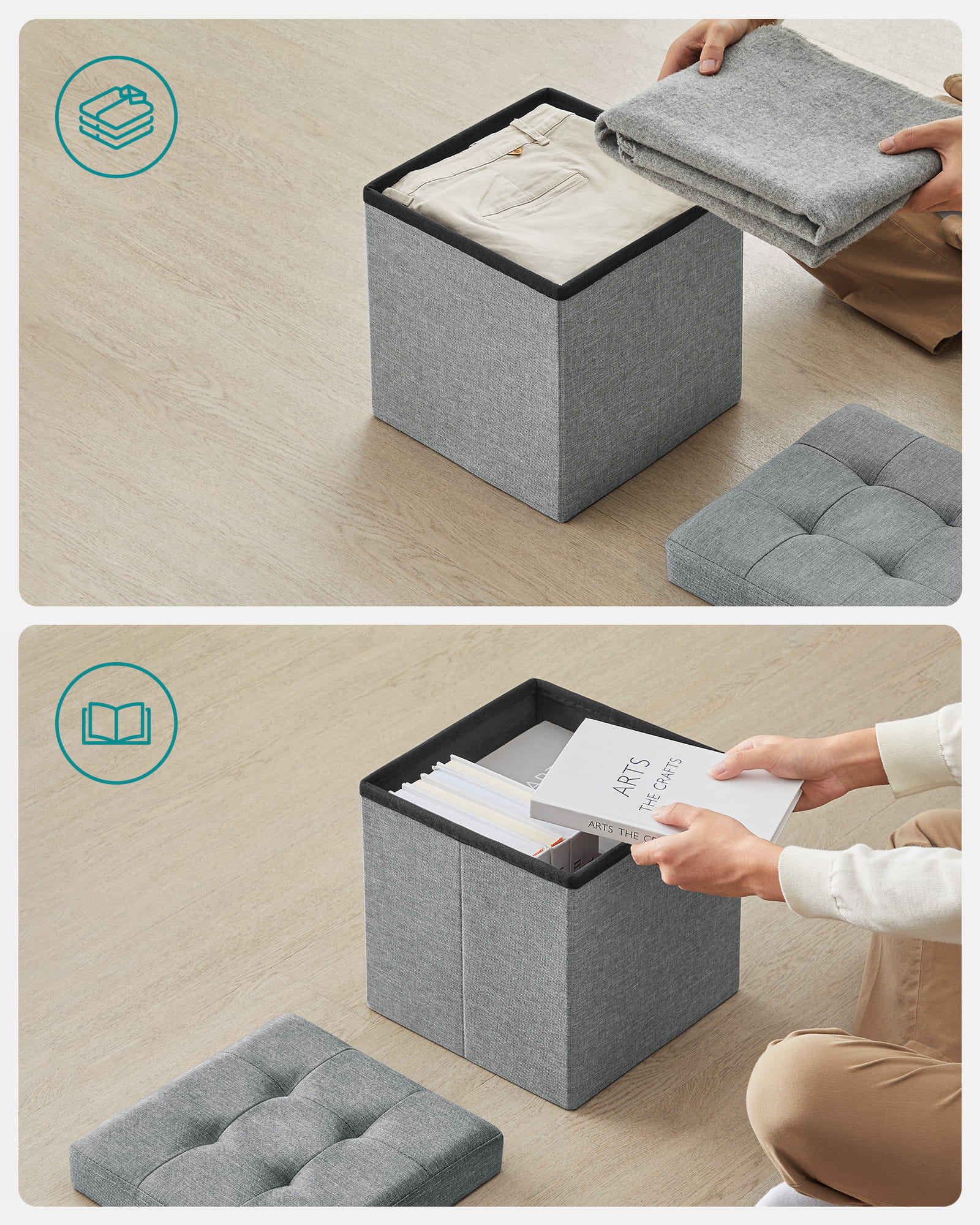 Pouf contenitore Valora PUFA in MDF grigio chiaro, tessuto effetto lino LSF028G02