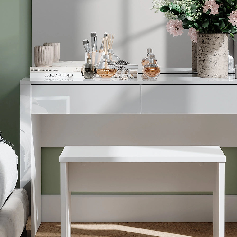 Vicco Tavolino da toilette Bianco lucido/bianco 110 cm con specchio e panca