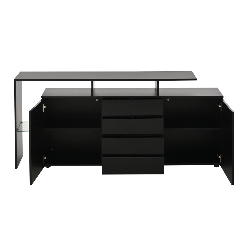 Credenza nera lucida 160 cm con 4 cassetti e 2 ante; mobile TV con LED controllo app; MDF e vetro