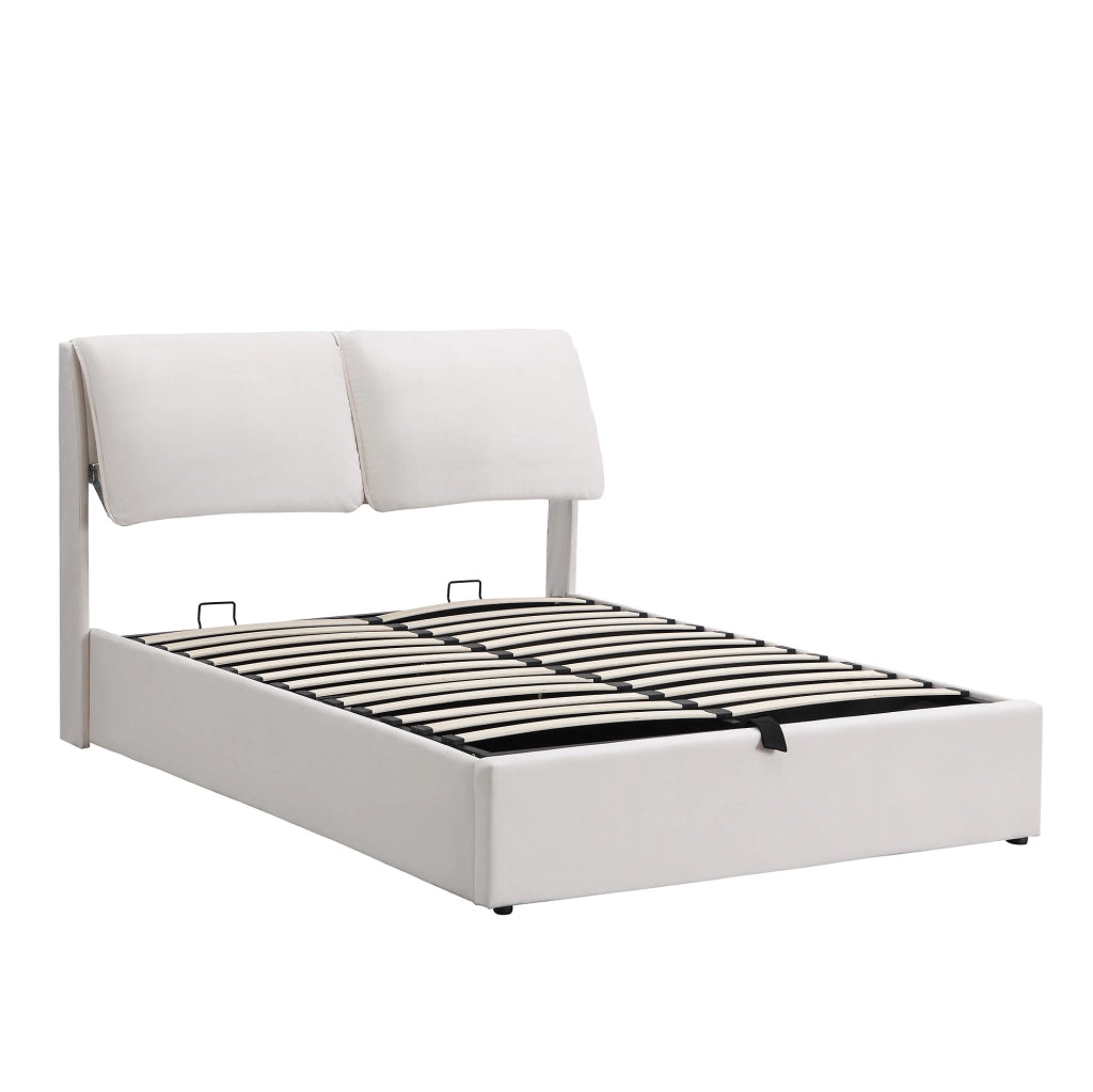 Letto matrimoniale imbottito 140x200 cm in velluto beige con contenitore; 3 cassetti e testiera regolabile