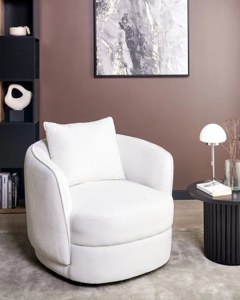 Poltrona Bianco Sporco Poliestere Cuscino Girevole Sfoderabile Schienale Rotondo Stile Retro Glam Soggiorno