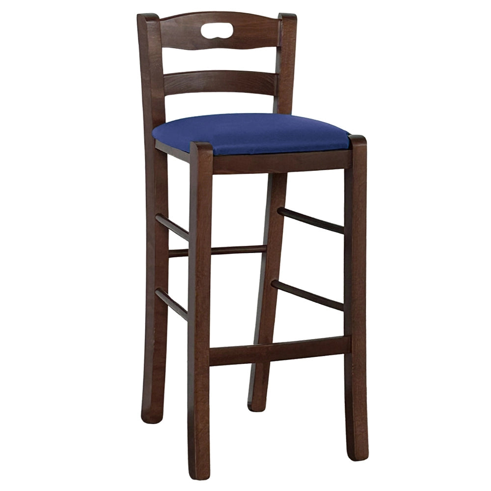 Sgabello legno noce scuro con foro nello schienale h66 seduta ecopelle blu