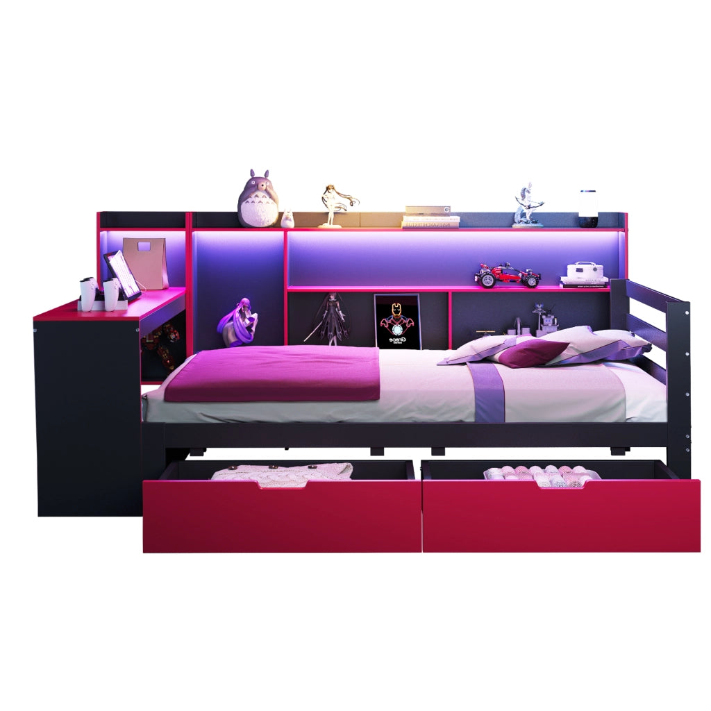 Letto a Soppalco Multifunzionale con Scrivania ¨C MINIMAL ¨C Legno Nero, Cassetti, LED, 90x200