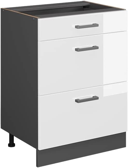 Mobiletto base per cucina R-Line, Bianco lucido, 60 cm con cassetti, senza piano di lavoro, per la libera combinazione all'interno di sistemi cucina modulari
