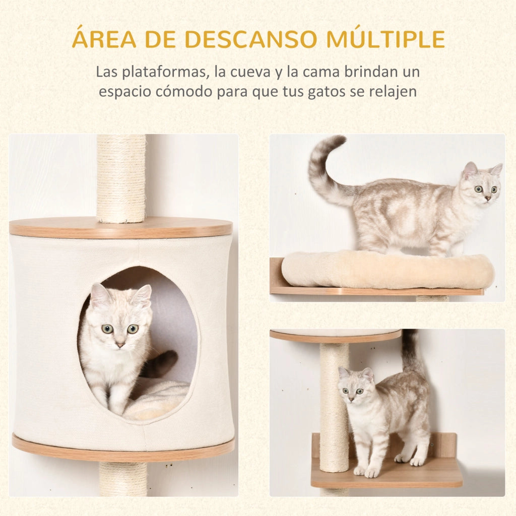 Albero per gatti a parete con piattaforme, cuccia e tiragraffi in sisal ¨C zephmum ¨C 38x30x149 cm