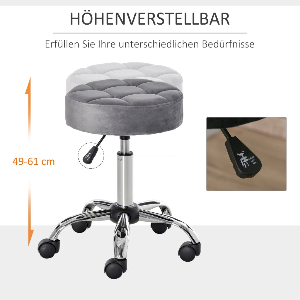 Sgabello da salone regolabile girevole con rotelle e rivestimento effetto velluto in poliestere grigio chiaro Ø35 × 49-61 cm