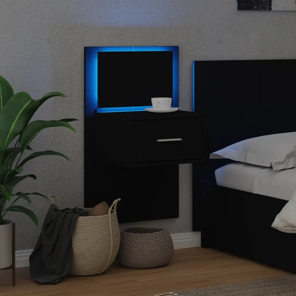 Comodino | Armadio da Notte | Mobiletto da notte a Parete con Luci LED Nero