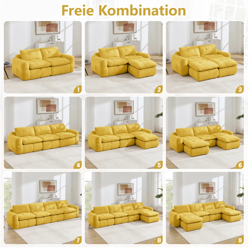 Divano modulare a L 2 posti senza struttura con seduta ergonomica e pouf per salotto e appartamenti in chenille gialla