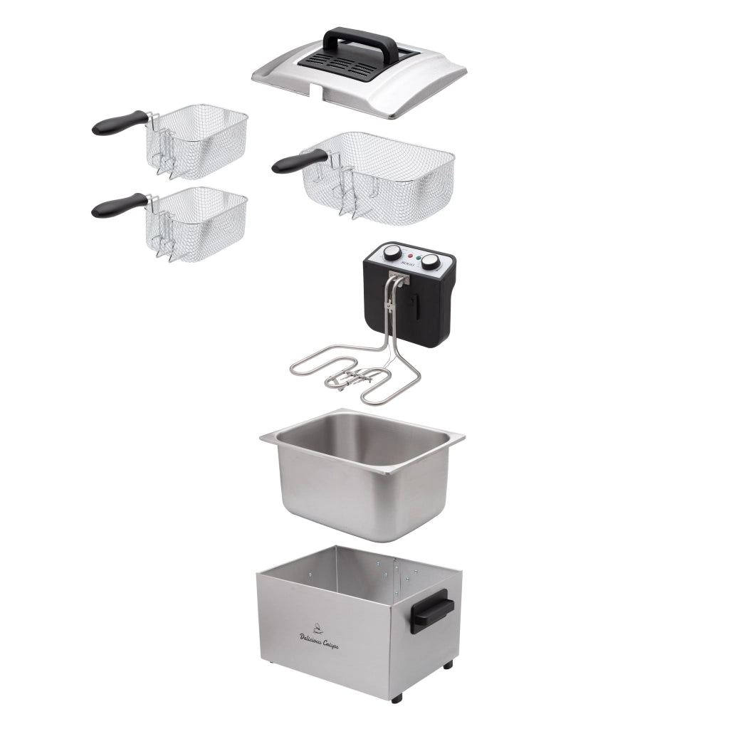 Friggitrice elettrica da cucina, doppio cestello 5 litri, acciaio inox con sistema Cold Zone, temperatura regolabile 130-190°C 3000W - SOGO