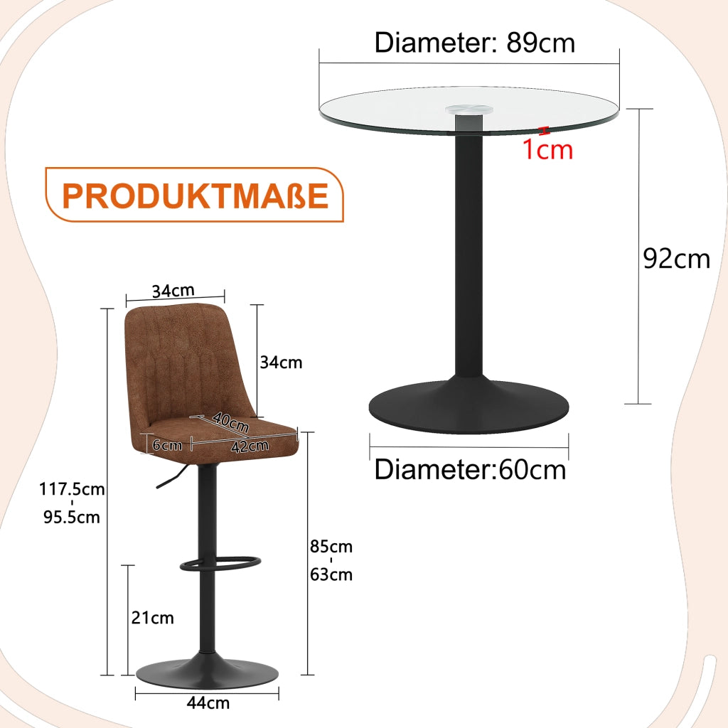 Tavolo da bar rotondo in vetro con 2 sgabelli girevoli, base in metallo nero, per bar e cucina, 89 cm