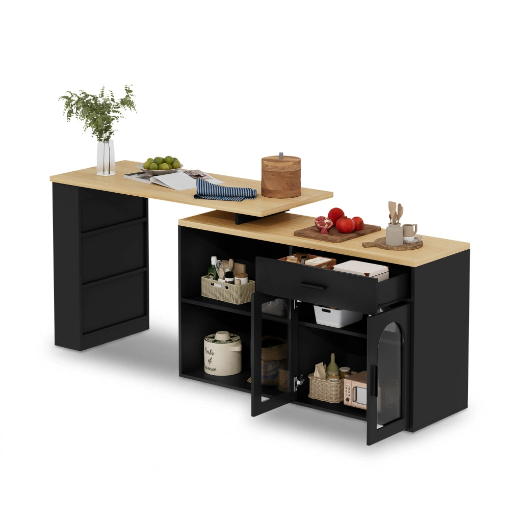Isola da Cucina 136x50x78 cm Nera e Legno con Tavolo Girevole 360°, Cassetto, Ripiani e Vetro