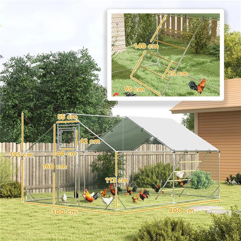 RECINTO PER GALLINE DA 12M PER 12-18 ANIMALI CON TETTO IMPERMEABILE MANGIATOIA E POSATOIO 3X4X1.9M ARGENTO