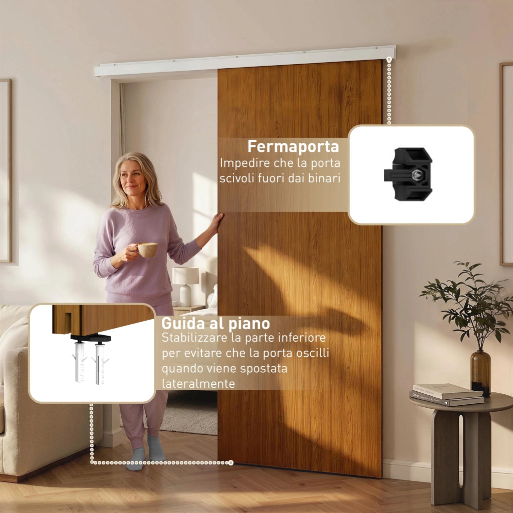 Porta Scorrevole 75x3,5x210 cm con Binario in Alluminio in MDF Effetto Legno Marrone