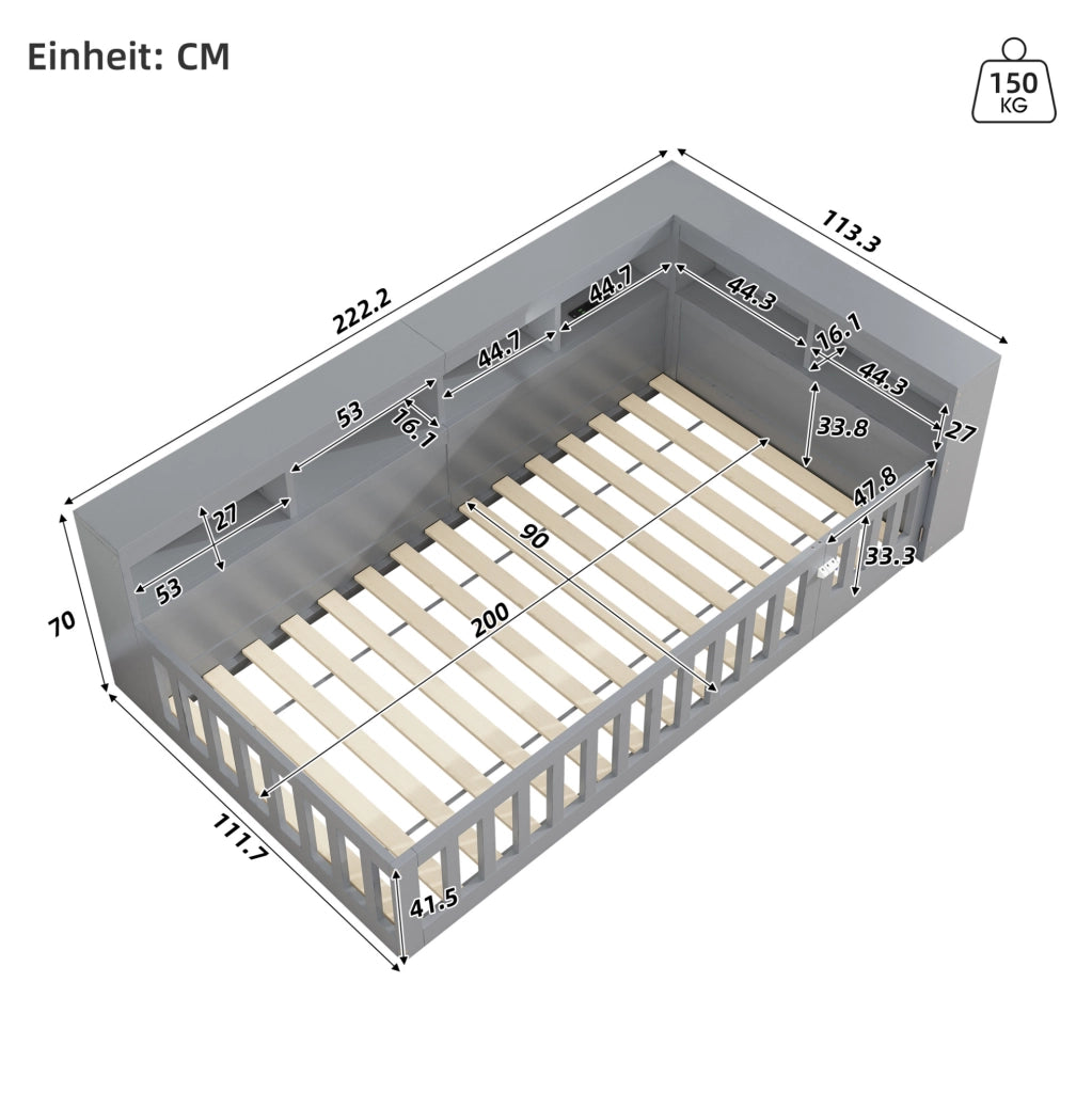 Letto singolo 90x200 cm con USB, presa e vano contenitore grigio