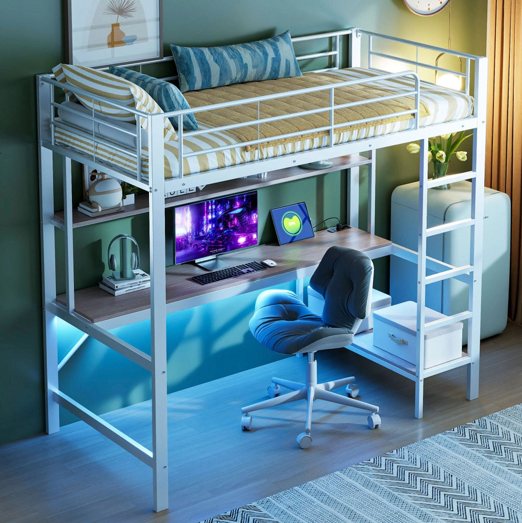 Letto a soppalco 90x200 cm con scrivania, ripiani, LED, USB e presa