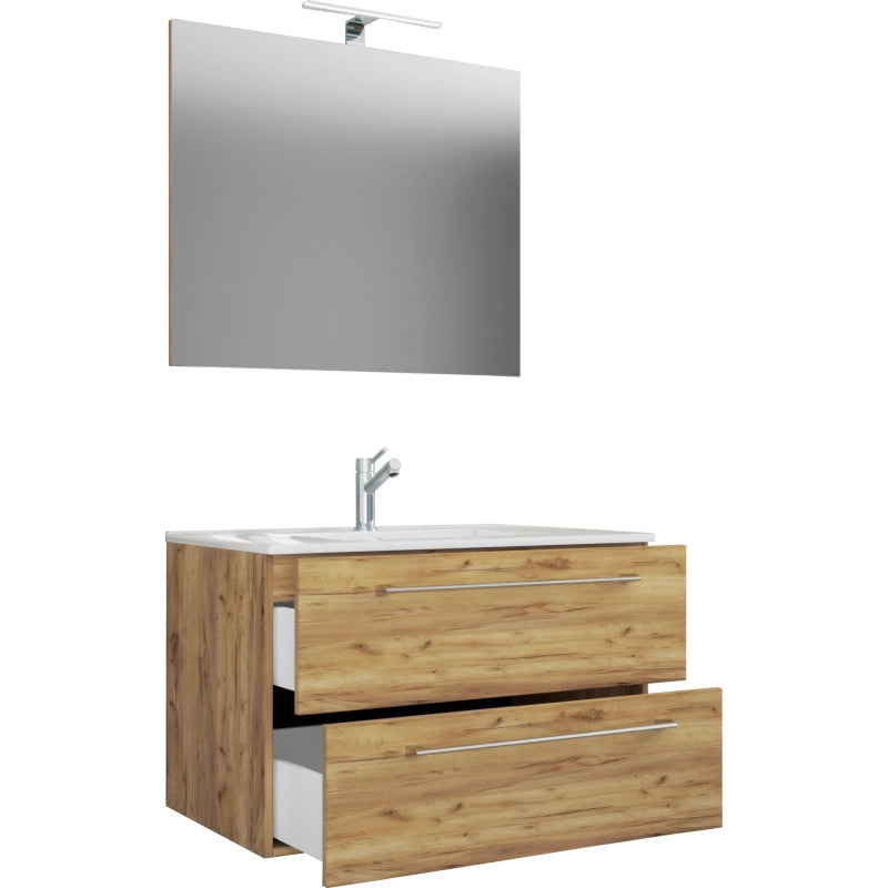 Completo di Ezooza Mobile Sospeso con 2 cassetti Extra Large con lavabo in ceramica di alta qualità e specchio, Rovere miele ,