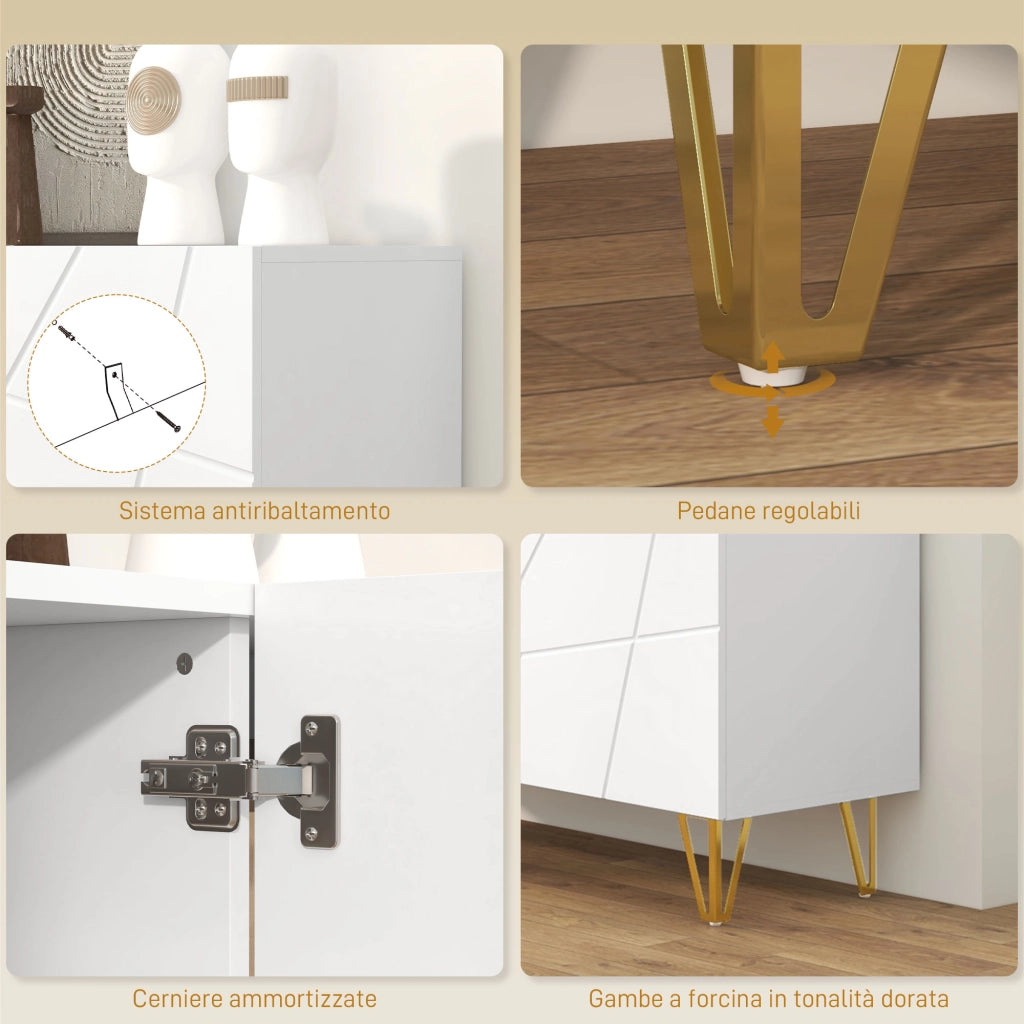 Mobile Contenitore 120x40x75 cm con 2 Armadietti e Ripiano Regolabile in Truciolato e Metallo Bianco e Oro