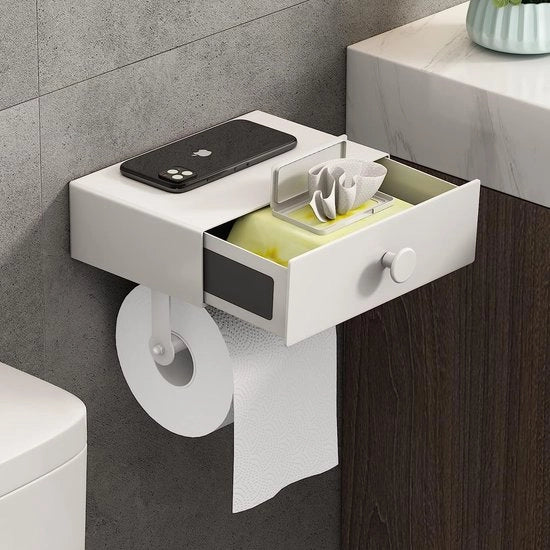 Supporto per carta igienica con box di tovaglioli umidi, senza foratura, supporto per carta igienica con pannello, supporto per carta igienica per bagno e wc, installazione a parete (bianco)
