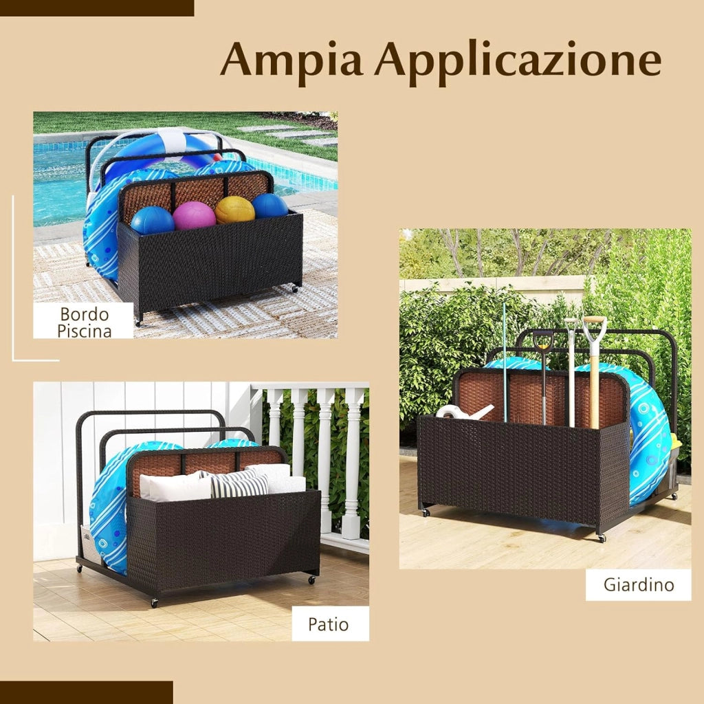 Carrello Archiviazione per Piscina in Rattan PE, Contenitore Esterno Impermeabile con 2 Portasciugamani e 4 Ruote, Portacoperte Giardino per Boe, Salvagenti, Cuscini e Asciugamani (Marrone)
