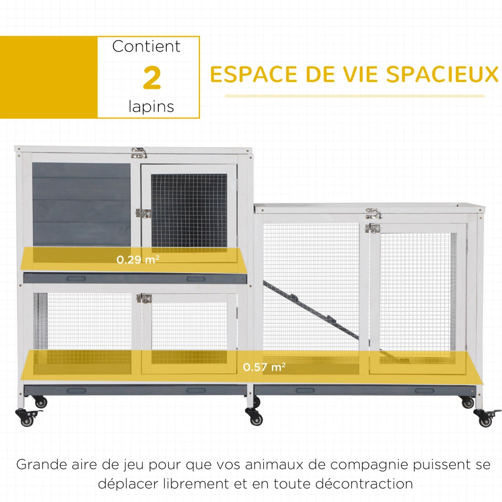 Casetta per conigli 2 piani con ruote ¨C zephmum ¨C 147x45.5x88.5 cm grigio e bianco