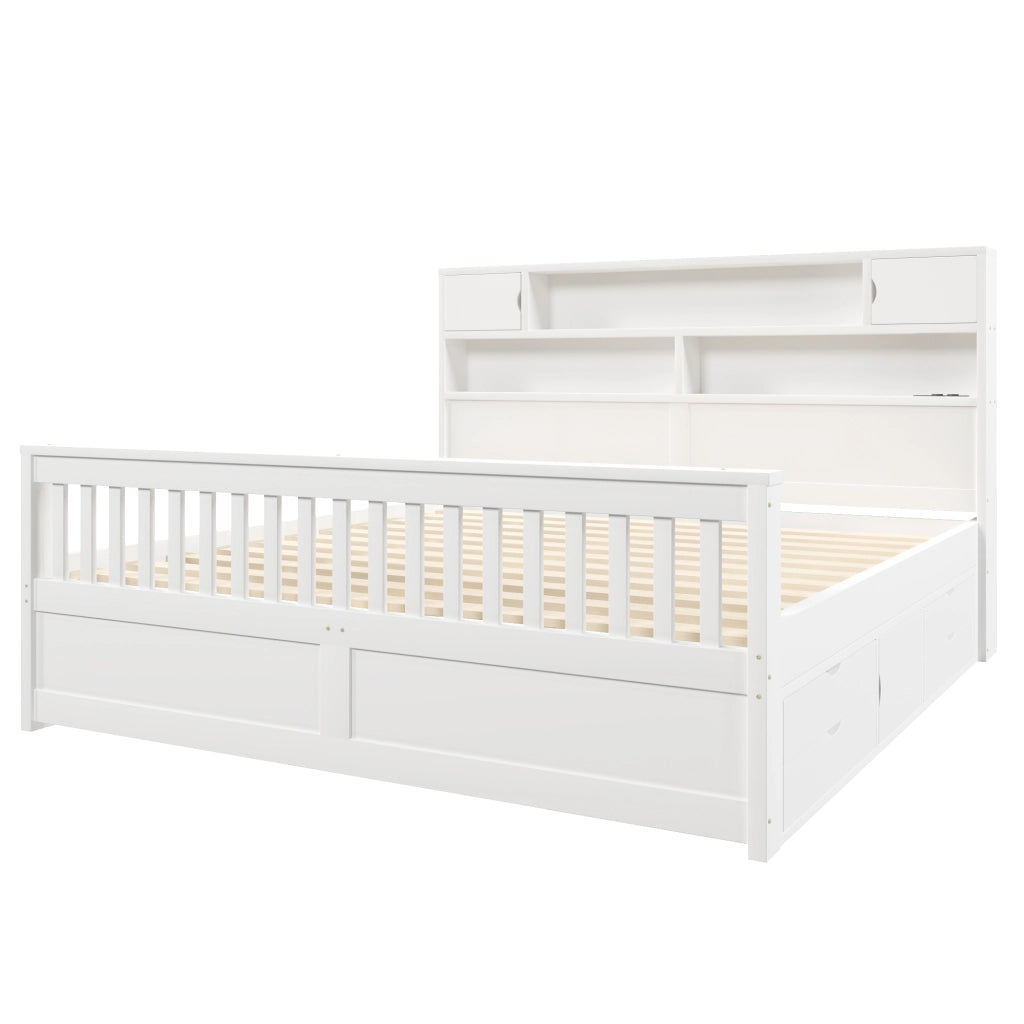 DESMIU Letto matrimoniale 180 × 200 cm con 4 cassetti, LED, USB e ripiani, senza materasso, bianco