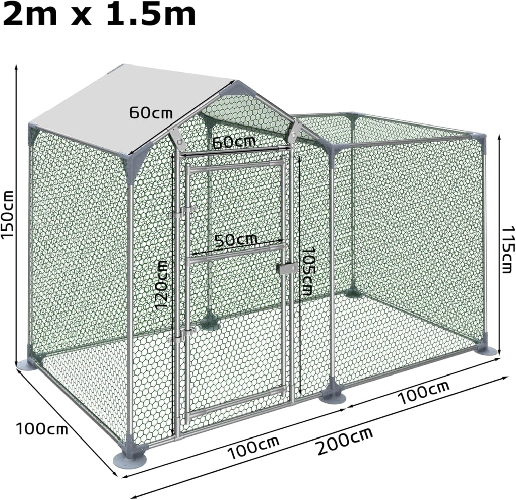 Recinzione libera per conigli, 2 x 1 x 1 m, in metallo con protezione solare, tetto, porta e chiavistello, stabile, per polli, anatra e piccoli animali