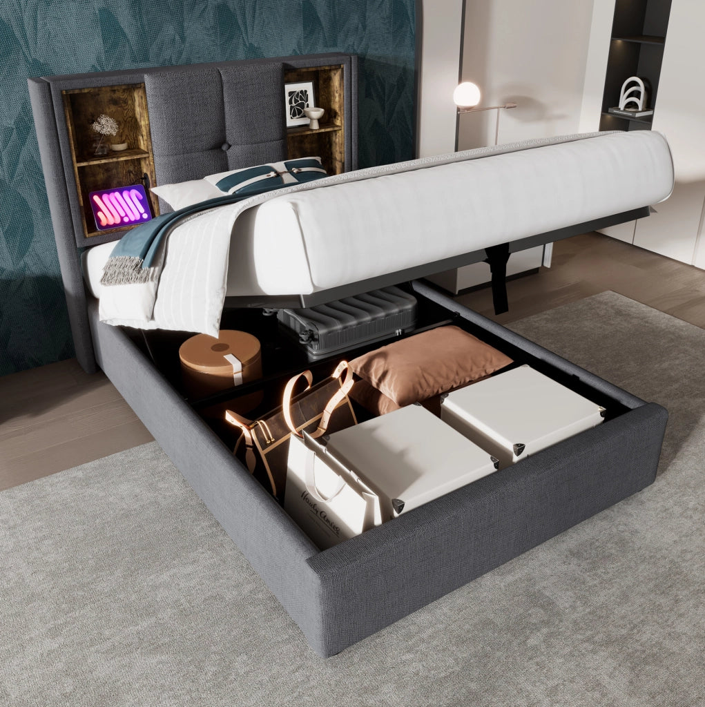 Letto singolo ULEVR 90x200 cm con contenitore a gas, ricarica wireless, 2 USB e Type-C, cotone grigio