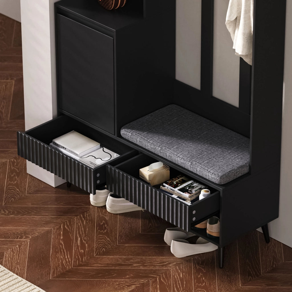 Mobile da Ingresso con 1 Anta; 2 Cassetti; Ripiani Aperti e 4 Ganci; con Panca; per Ingresso; in MDF; 100 × 35 × 180 cm; Nero