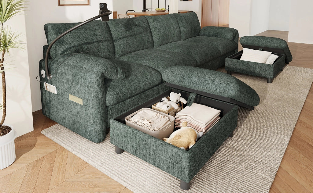 Divano angolare modulare 6 posti con due pouf contenitore e ricarica USB Type-C e portatelefono in chenille verde