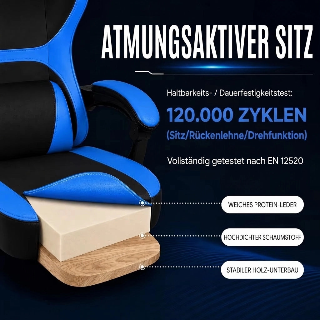 Chaise da ufficio gaming con tasca portaoggetti sul retro e cilindro pneumatico, in PVC nero e blu