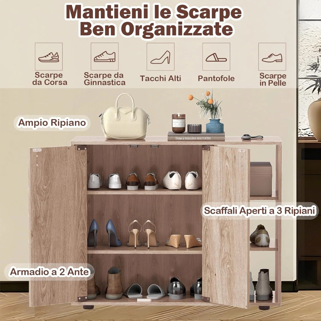 Mobiletto per Scarpe con Ante, Scaffale Porta Scarpe a 3 Ripiani con Mensole Regolabili, Organizzatore in Legno per Ingresso, Corridoio e Soggiorno, 80 x 31 x 64,5 cm (Naturale)